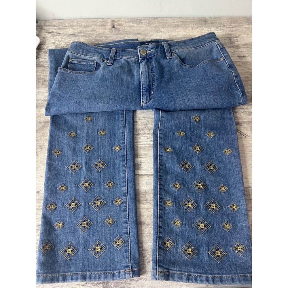 Charter Club Lexington Straight Leg Jeans Gold Embroidered Denim Size 10
